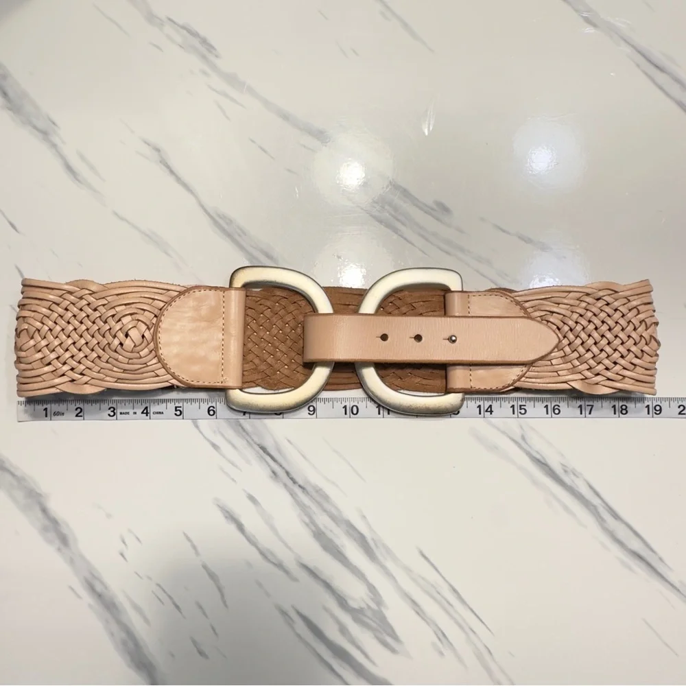 Linea Pelle Braided Leather Belt in Light Tan with Gold Buckles